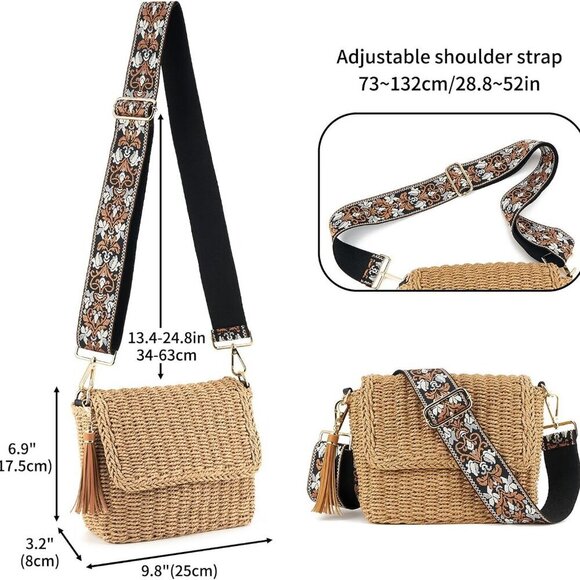 Women's Summer Straw Braided Crossbody Bag with Tassel Chain,Shoulder Straps Wov - Picture 3 of 6
